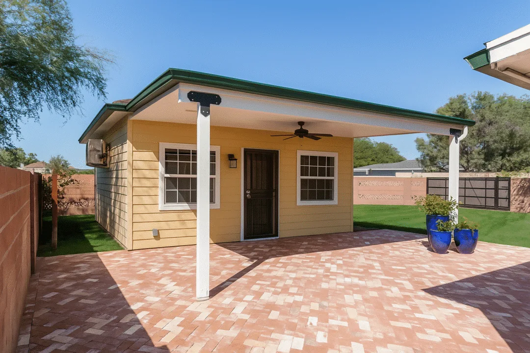 New Phoenix casita with yellow siding, a sheltered entry, white trim, and a reclaimed-brick patio