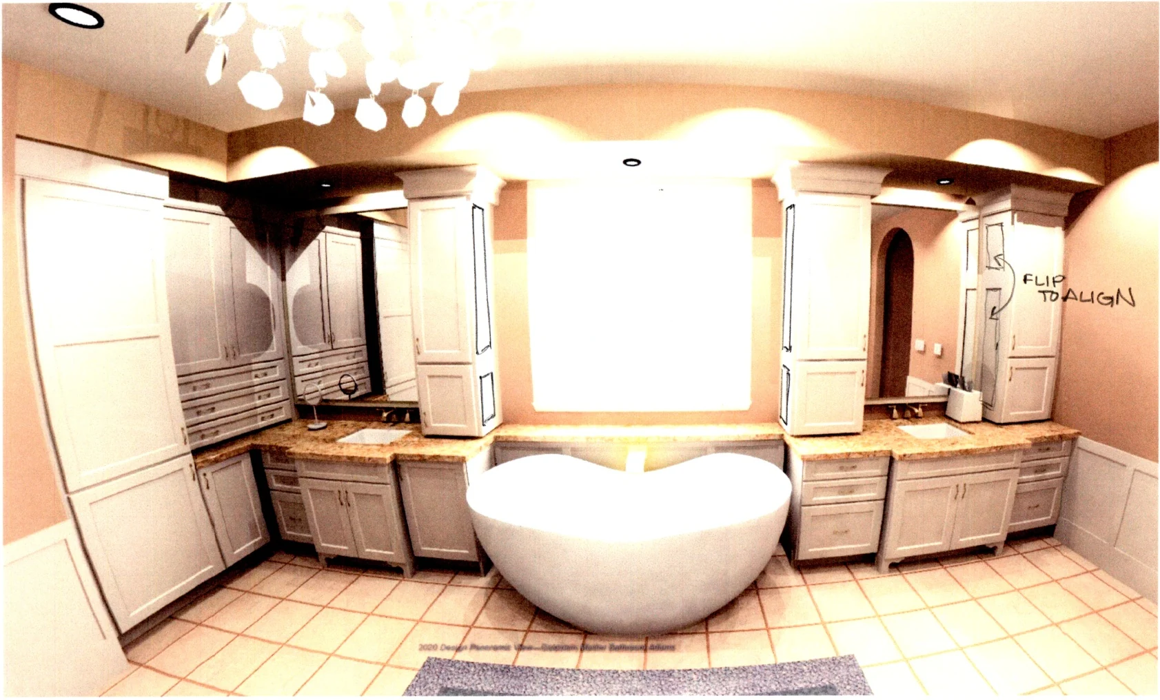 Computer design illustration showing the proposed freestanding tub and traditional cabinetry; not a completed-project photograph