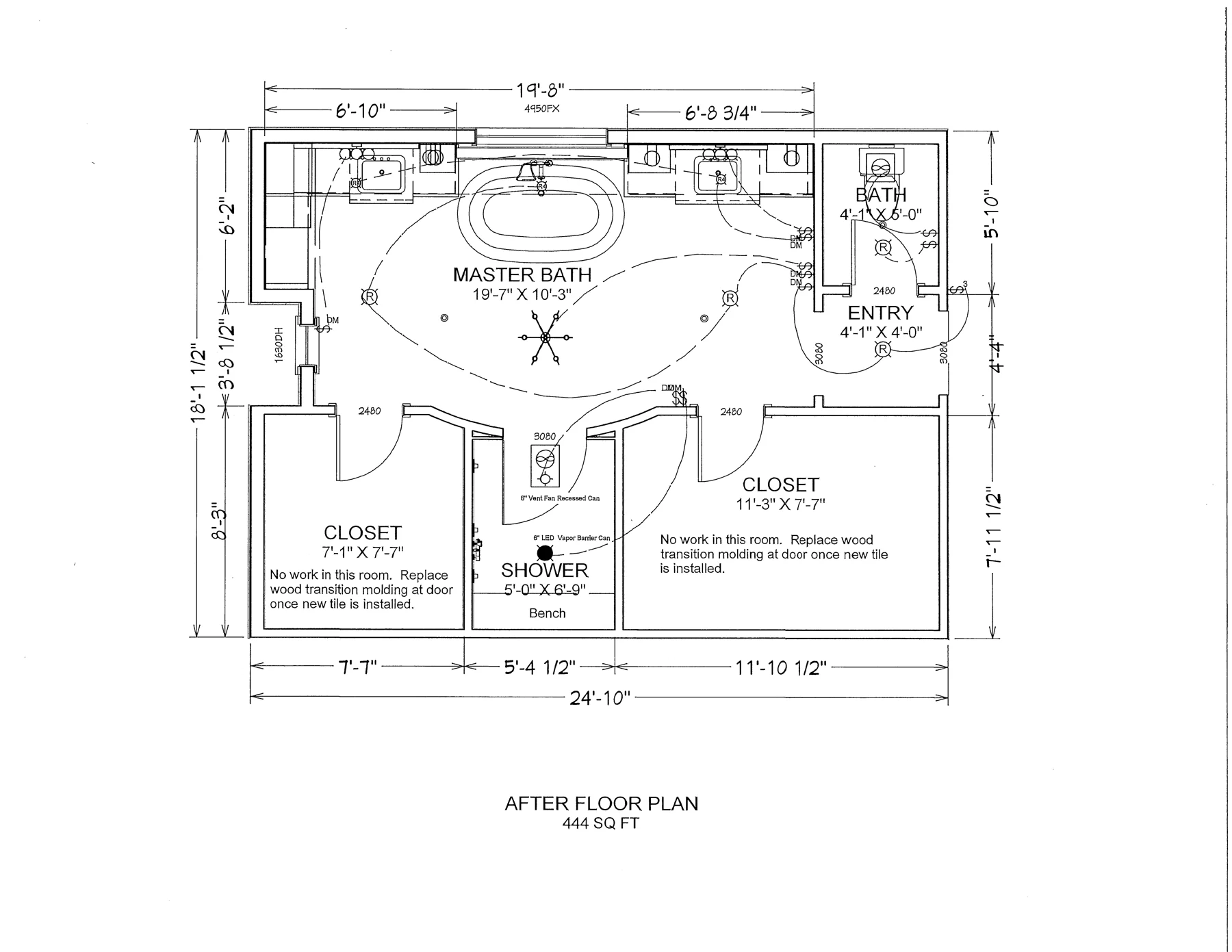 Revised floor plan showing a freestanding tub, expanded shower with bench, and additional cabinetry