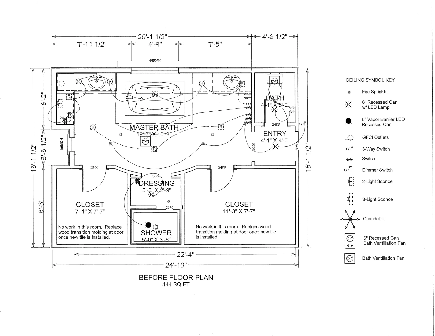 Original floor plan showing the large tub deck and separate shower and dressing compartments