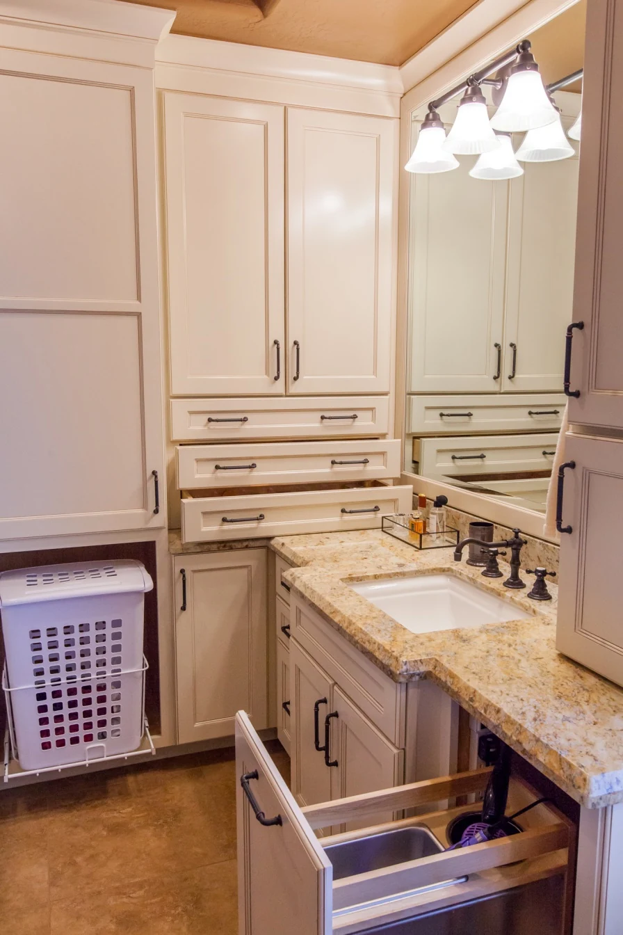 Custom bathroom cabinetry with open hamper and grooming-tool pullouts beside the vanity