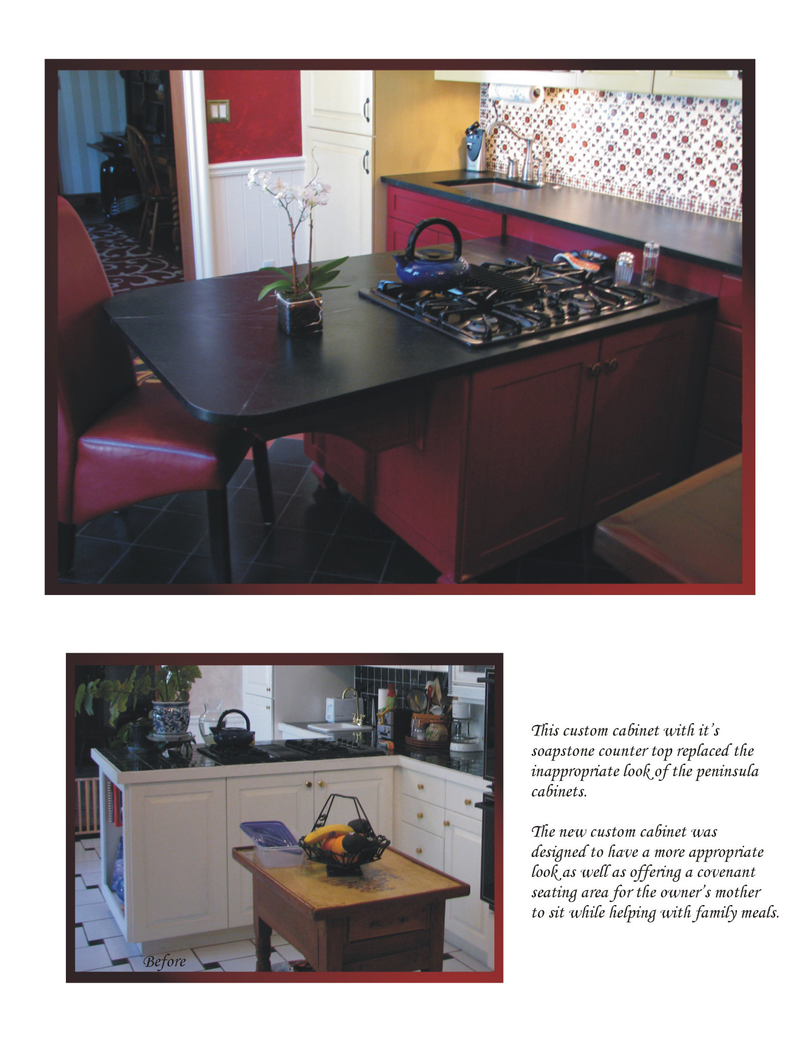Table-height red kitchen peninsula with soapstone surface, cooktop, and a seated preparation area